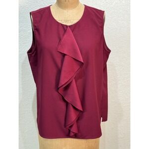 Liz Claiborne Career Petite PXL‎ Burgundy Ruffle Front Sleeveless Blouse Top